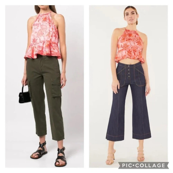 NWT Cinq A Sept PAISLEY IMPRINT SOFIE TOP S Pink English Rose Halter Crop - Picture 1 of 13